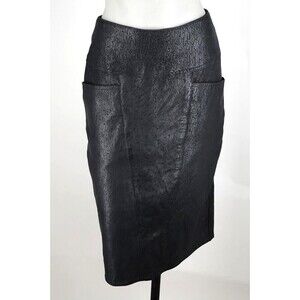 Vintage 1970s 70s Textured Black Leather Midi Pencil Skirt with Pockets XS